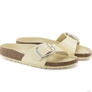Birkenstock Madrid Big Buckle Cream Sandals with Silver Buckle